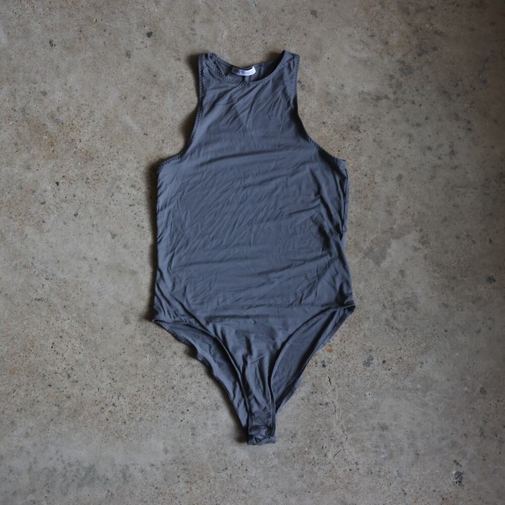 Zara Charcoal Gray High Neck Bodysuit Silky Stretch Minimalist Basics M